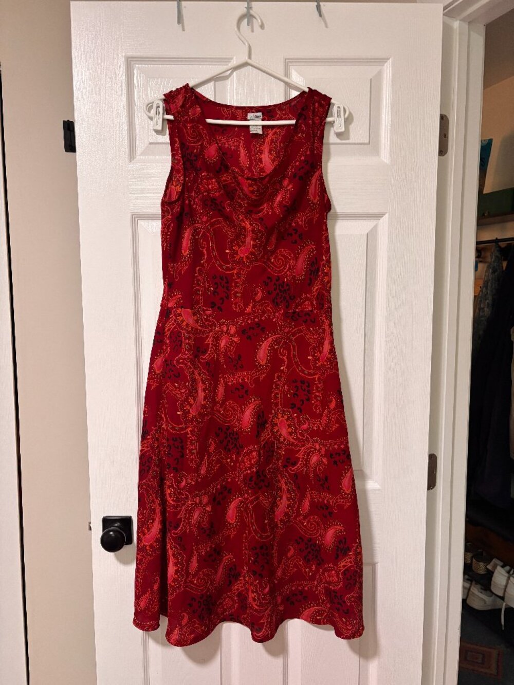 Red Paisley Sleeveless Midi Dress | Cowl Neck (Large)